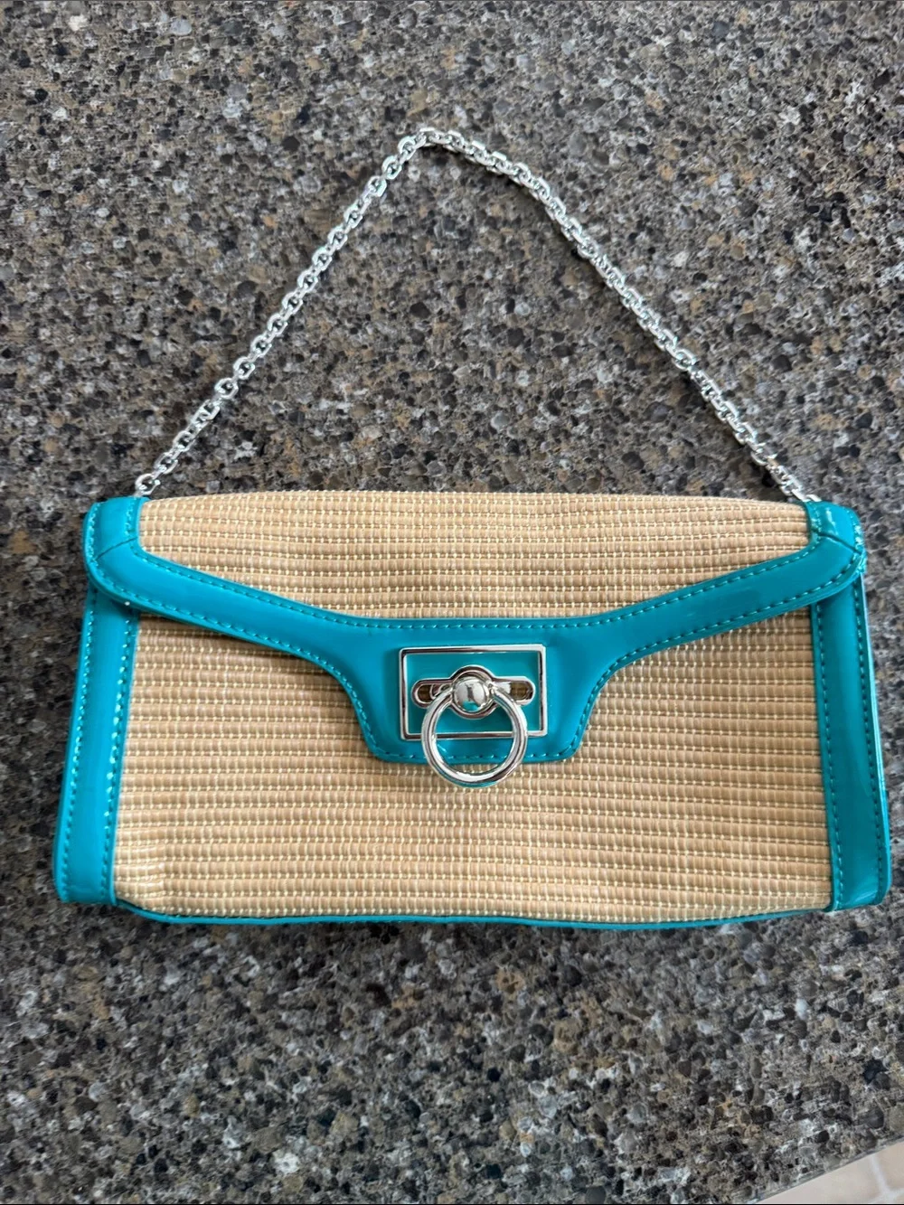 Ann Taylor Turquoise Trim Straw Shoulder Bag w/silver accents Like New